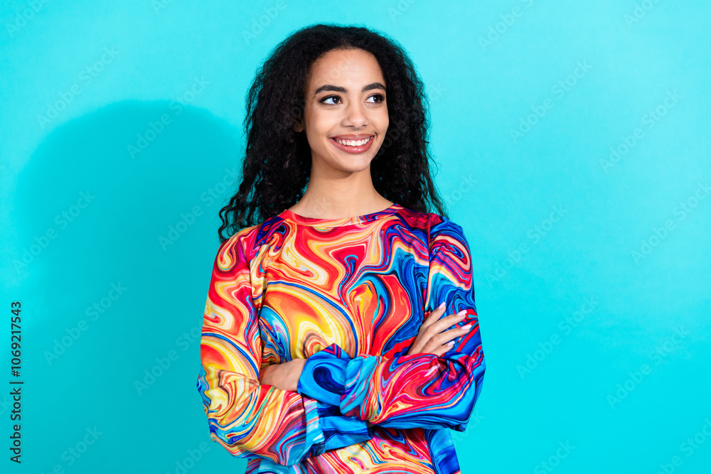 Fototapeta premium Photo of pretty young girl crossed arms look empty space wear pullover isolated on teal color background