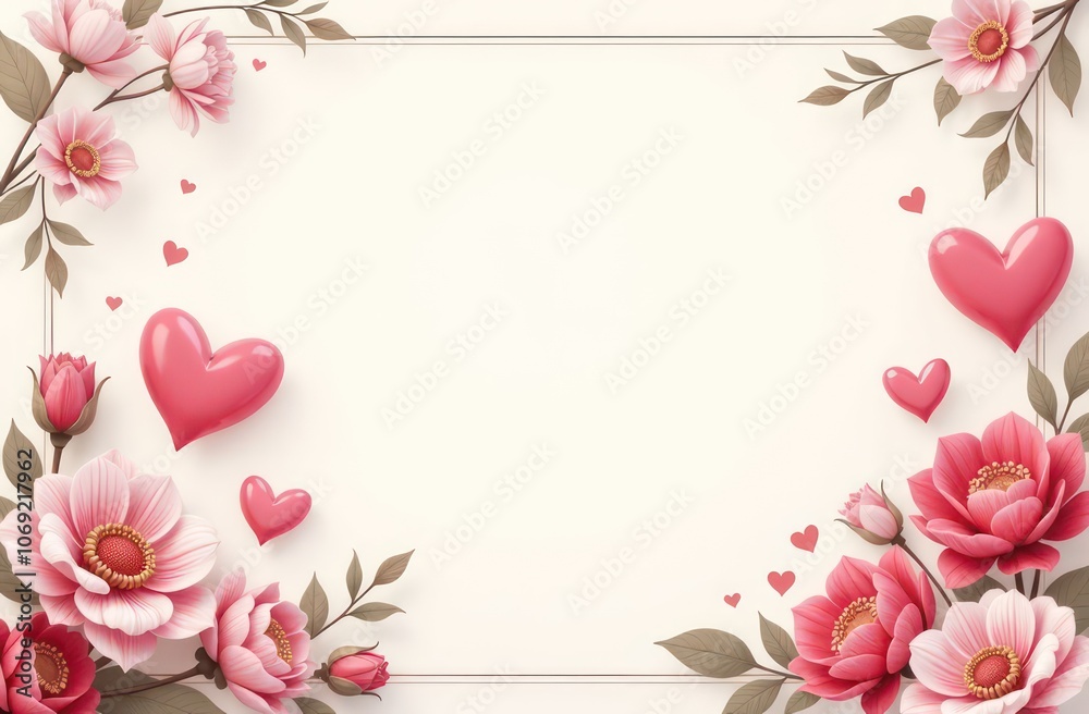 Beautiful Wedding Invitation with Flowers, Hearts, without Text, with empty Space