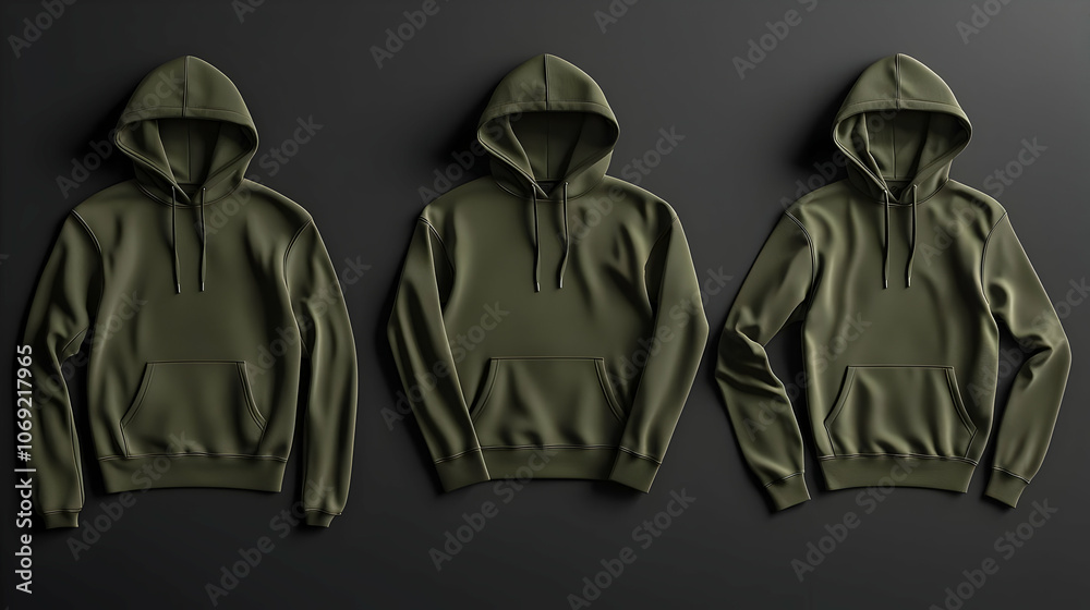Hoodie Mockup - Three olive green hoodies displayed on a dark background. Hoodie Mockup - Three olive green hoodies displayed on a dark background.