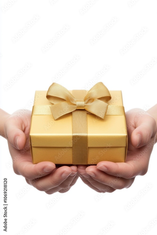 Hands holding a golden gift box with a bow Hands holding a golden gift box with a bow