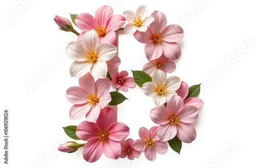 Intertwined flowers letter “B”, realist precision, high saturation, beautiful, inspiring, isolated, flat white background