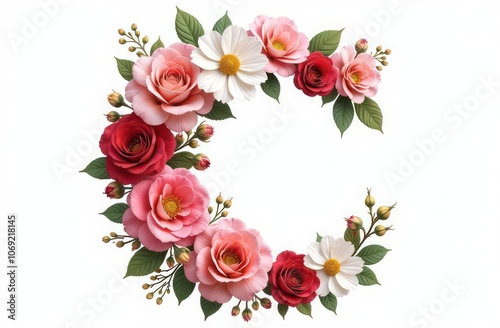 Intertwined flowers letter “C”, realist precision, high saturation, beautiful, inspiring, isolated, flat white background