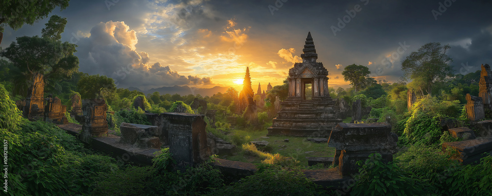 An ancient temple with lush greenery enveloping the structure An ancient temple with lush greenery enveloping the structure