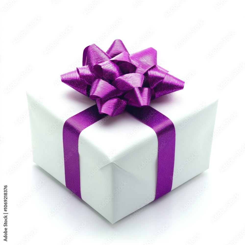 Obraz premium White gift box with purple ribbon on white background