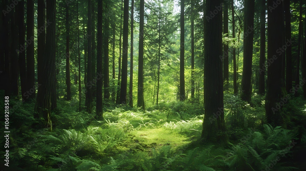 Fototapeta premium Peaceful forest scene characterized by tall trees, a soft forest floor covered in lush ferns, and dappled sunlight filtering through the canopy. A serene and calming natural environment.