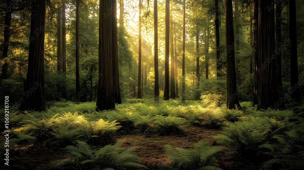 Peaceful forest scene characterized by tall trees, a soft forest floor covered in lush ferns, and dappled sunlight filtering through the canopy. A serene and calming natural environment. Peaceful forest scene characterized by tall trees, a soft forest floor covered in lush ferns, and dappled sunlight filtering through the canopy. A serene and calming natural environment.