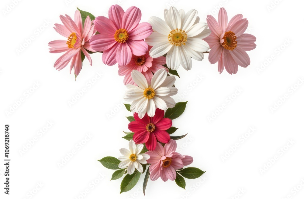 Fototapeta premium Intertwined flowers letter “T”, realist precision, high saturation, beautiful, inspiring, isolated, flat white background-