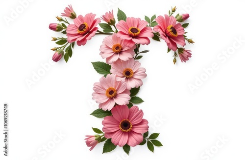 Intertwined flowers letter “T”, realist precision, high saturation, beautiful, inspiring, isolated, flat white background-