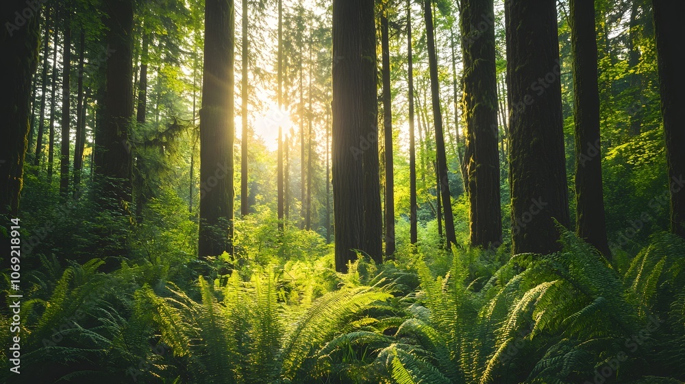 Naklejka premium Peaceful forest scene characterized by tall trees, a soft forest floor covered in lush ferns, and dappled sunlight filtering through the canopy. A serene and calming natural environment.