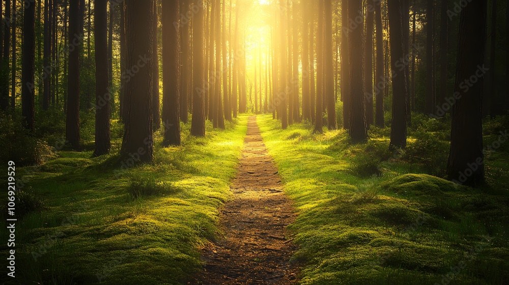 Fototapeta premium Peaceful forest trail lined with tall trees and a lush carpet of moss. Sunlight filters gently through the canopy, creating a serene and inviting path.