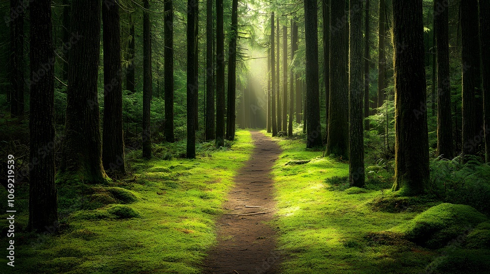 Fototapeta premium Peaceful forest trail lined with tall trees and a lush carpet of moss. Sunlight filters gently through the canopy, creating a serene and inviting path.