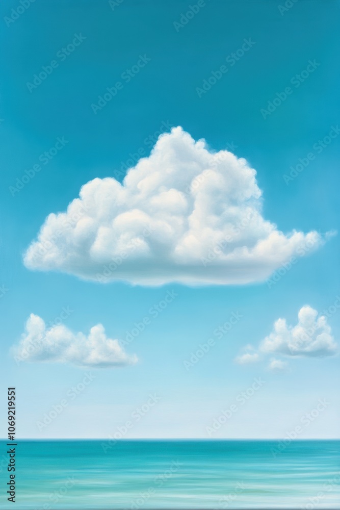 Serene ocean view with fluffy white clouds in a bright blue sky Serene ocean view with fluffy white clouds in a bright blue sky