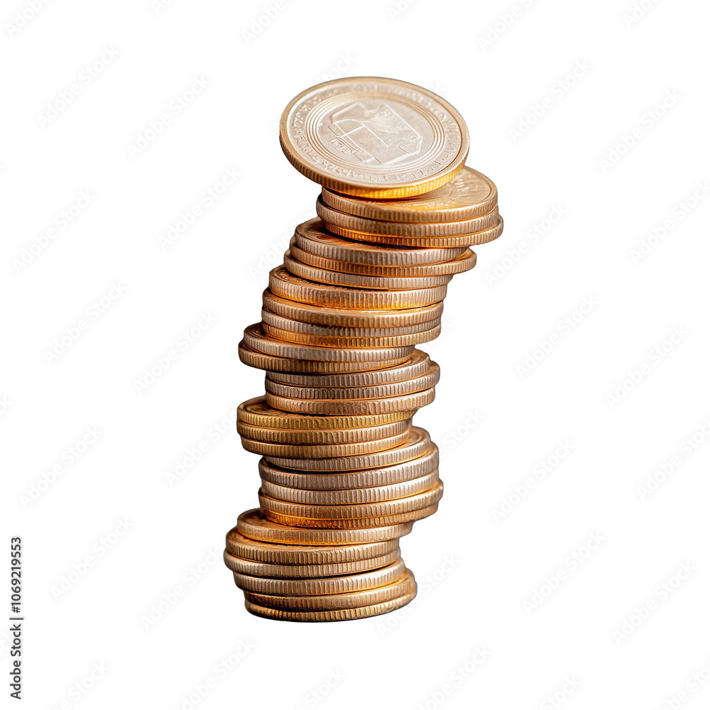 Tower of gold coins arranged in a leaning stack on transparent background Tower of gold coins arranged in a leaning stack on transparent background