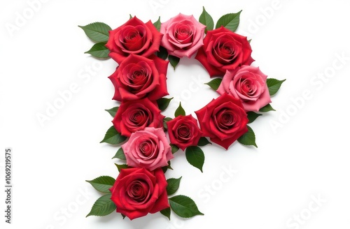 Intertwined roses letter “P”, realist precision, high saturation, beautiful, inspiring, isolated, flat white background