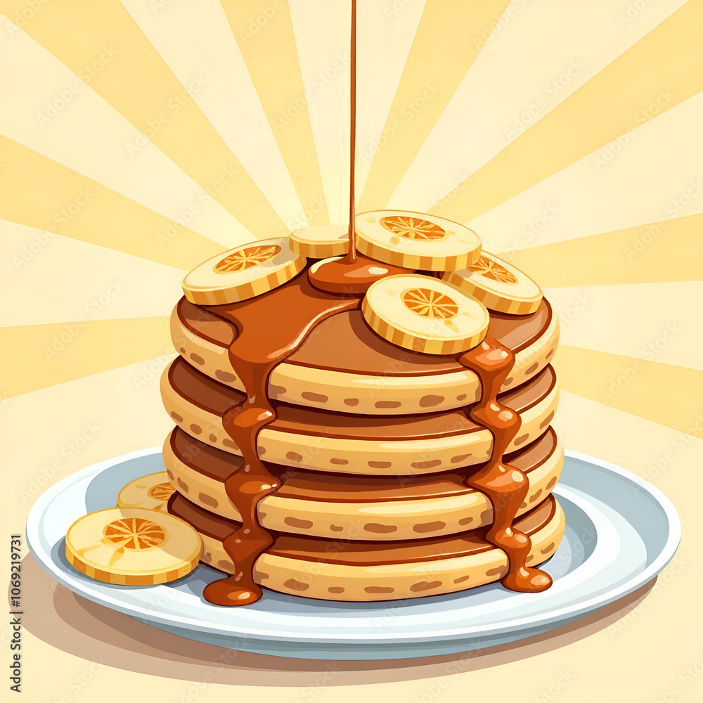 Indulge in a tower of fluffy pancakes drenched in rich syrup and topped with fresh bananas, digital illustration of food art concept. Indulge in a tower of fluffy pancakes drenched in rich syrup and topped with fresh bananas, digital illustration of food art concept.