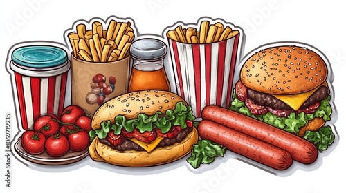 A delicious spread of fast food, including a burger, fries, hot dogs, and a drink.