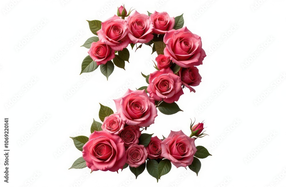 Intertwined roses letter “2”, realist precision, high saturation, beautiful, inspiring, isolated, flat white background
