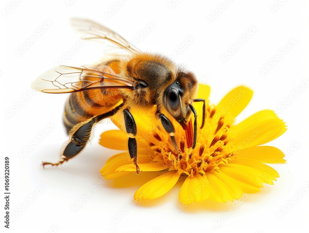 A honeybee pollinating a yellow calendula on a white background A honeybee pollinating a yellow calendula on a white background