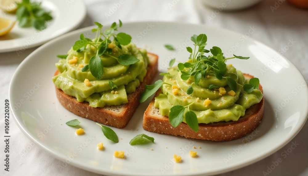 Gourmet Avocado Toast with Microgreens in Fresh Green and Brown Tones on White Ceramic Plate Gourmet Avocado Toast with Microgreens in Fresh Green and Brown Tones on White Ceramic Plate