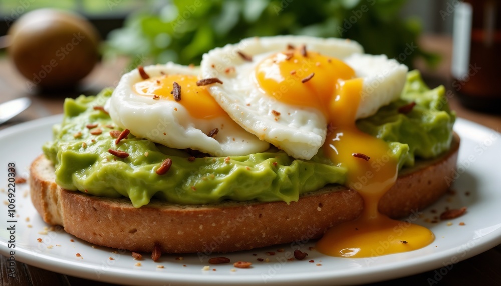 Gourmet Avocado Toast with Poached Eggs in Rustic Style Breakfast Composition on White Ceramic Plate Gourmet Avocado Toast with Poached Eggs in Rustic Style Breakfast Composition on White Ceramic Plate