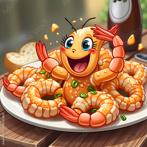 Celebrate flavor and fun with a happy shrimp feast that brings joy to every bite , digital illustration of character design concept. photo