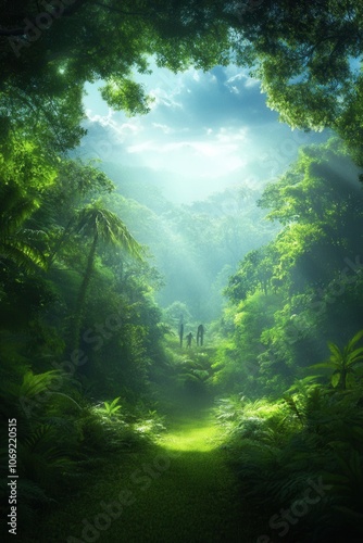 Lush green jungle landscape with sunlight streaming through the trees