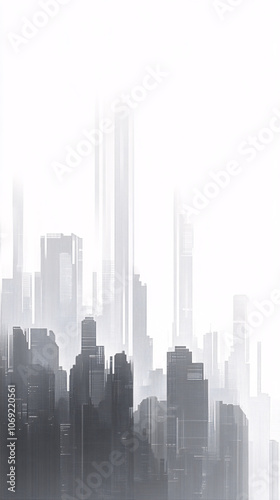 Monochromatic abstract cityscape with tall skyscrapers fading into a white atmospheric background 