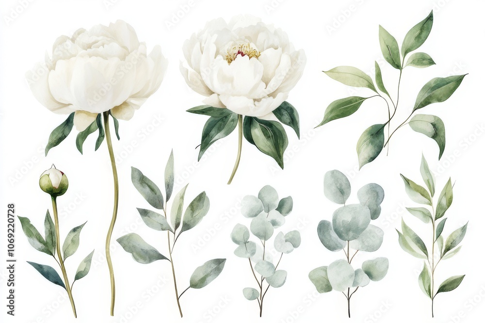 Set of watercolor illustrations with white peons and buds. Botanical illustration on white background for wedding, congratulations, wallpapers, fashion, backdrops, wrappers, print