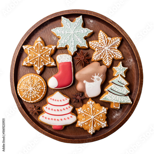 A plate of assorted cookies with a Christmas tree and a red stocking. The cookies are decorated with icing and sprinkles