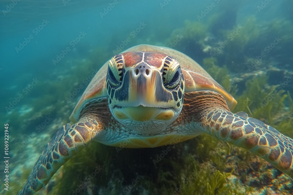 Fototapeta premium A green sea turtle gracefully swims through clear turquoise waters near a coral reef