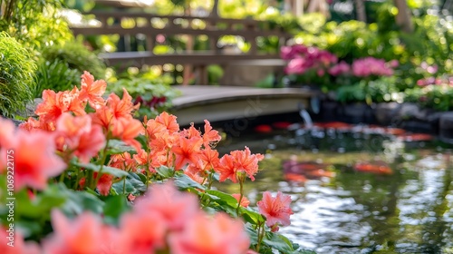 Peaceful garden featuring blooming flowers, a tranquil koi pond, and a charming small wooden bridge. The serene setting invites relaxation and reflection amidst vibrant natural beauty. photo