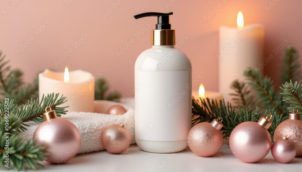 Holiday cosmetics bottle mockup with blank container, candles, and pink Christmas decor. Perfect for skincare and haircare product design. Holiday cosmetics bottle mockup with blank container, candles, and pink Christmas decor. Perfect for skincare and haircare product design.