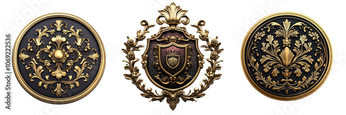 Set of A emblematic seal with royal patterns, luxury branding on a transparent background cutout, PNG file. Mockup template