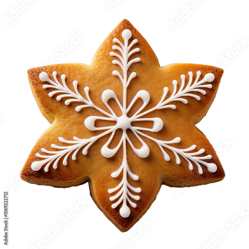 A cookie with a snowflake design on it. The cookie is decorated with white icing and has a yellow base