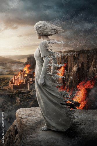 Lot's Wife: A Solemn Transformation as She Looks Back at Sodom's Flames, Defying Divine Command and Becoming a Pillar of Salt in the Wasteland of Destruction and Judgment photo