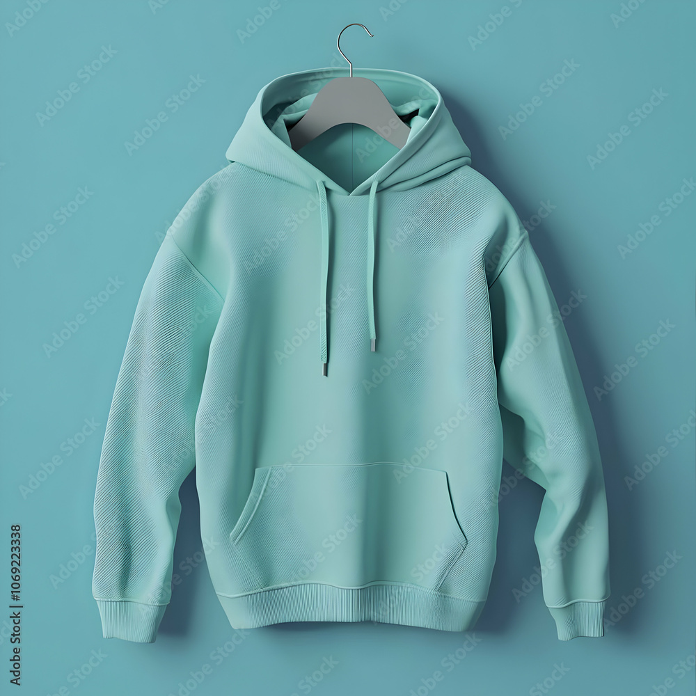 A mint green hoodie displayed on a hanger against a matching background. A mint green hoodie displayed on a hanger against a matching background.