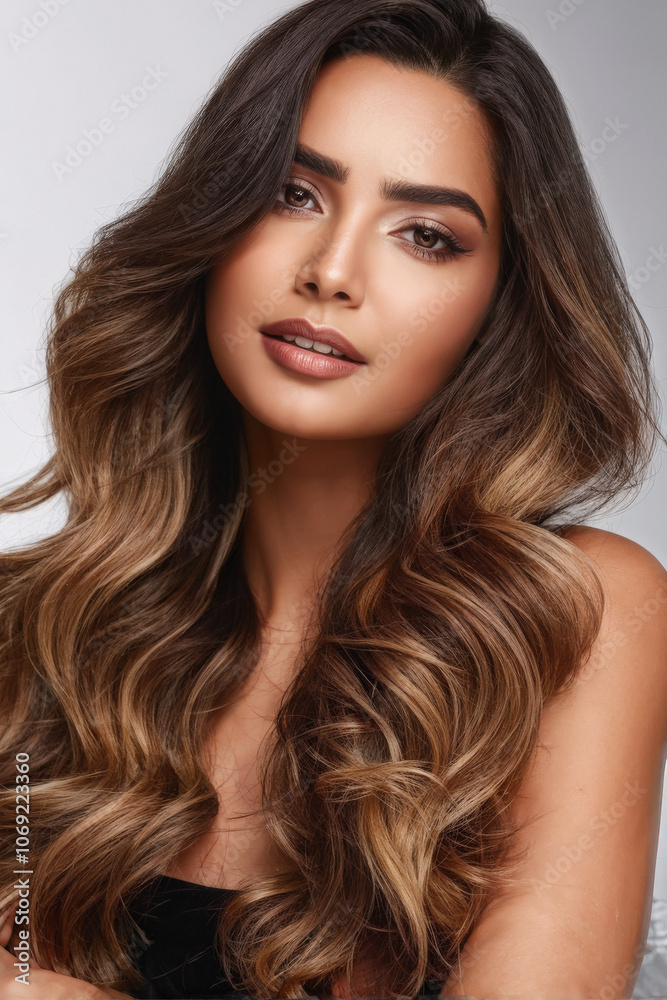 Close-up portrait of a young woman with voluminous, long wavy hair cascading over her shoulders, exuding natural beauty. Generative AI Close-up portrait of a young woman with voluminous, long wavy hair cascading over her shoulders, exuding natural beauty. Generative AI