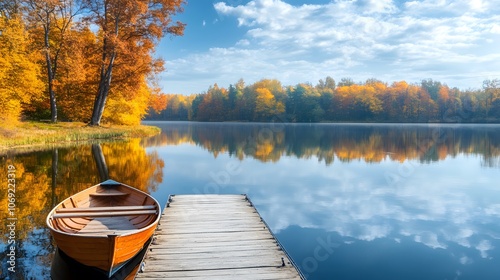 Peaceful lakeside scene featuring autumn trees reflected in the calm water, a wooden dock extending into the lake, and a rowboat gently resting at the edge photo