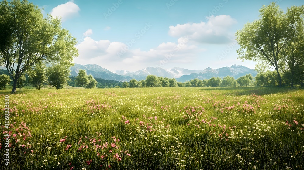 Peaceful meadow adorned with blooming flowers, a gentle breeze rustling through, and a distant mountain range creating a serene backdrop Peaceful meadow adorned with blooming flowers, a gentle breeze rustling through, and a distant mountain range creating a serene backdrop