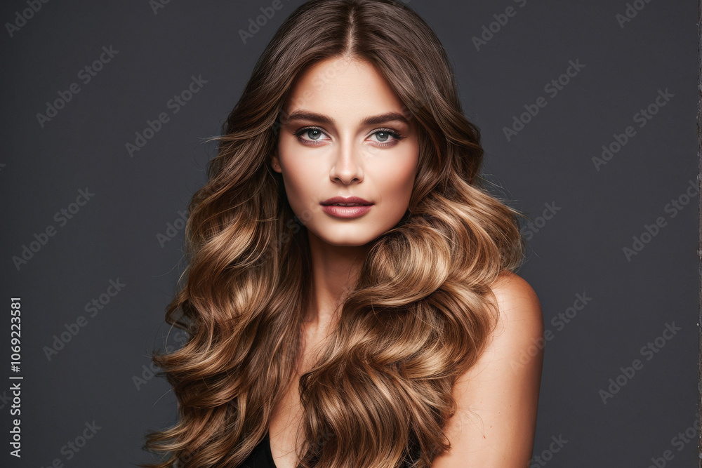 A close-up portrait of a model with long, wavy hair, showcasing her natural beauty and elegant hairstyle against a dark backdrop. Generative AI A close-up portrait of a model with long, wavy hair, showcasing her natural beauty and elegant hairstyle against a dark backdrop. Generative AI