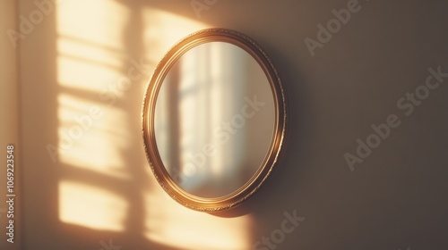 Ornate golden frame mirror reflecting sunlight in room