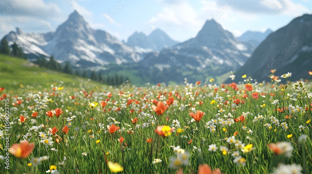 Fototapeta premium Peaceful meadow adorned with blooming flowers, a gentle breeze rustling through, and a distant mountain range creating a serene backdrop