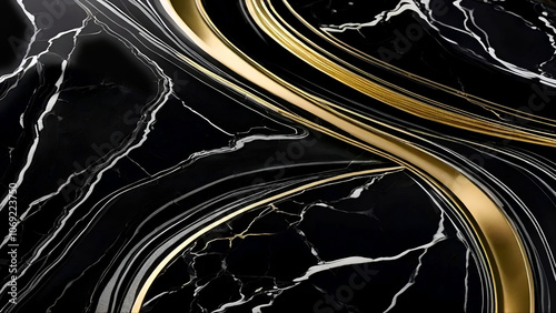 Mesmerizing black marble featuring bold, swirling lines & ribbons of gold and silver, creating a visually striking pattern, against a dark background; with ample space for text.