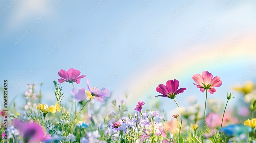 Peaceful meadow adorned with blooming flowers, a gentle breeze rustling through, and a distant mountain range creating a serene backdrop Peaceful meadow adorned with blooming flowers, a gentle breeze rustling through, and a distant mountain range creating a serene backdrop