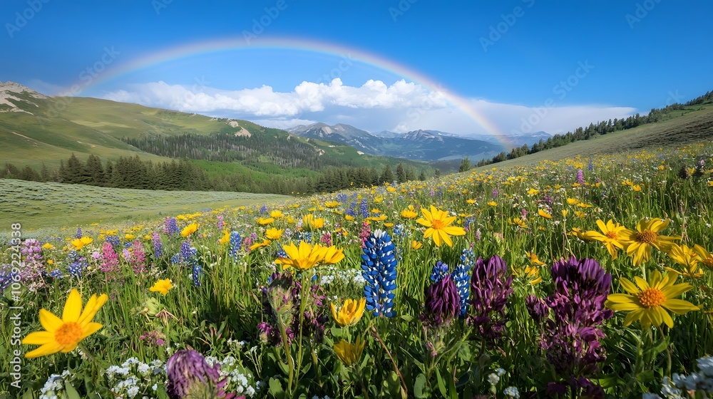 Obraz premium Peaceful meadow adorned with blooming flowers, a gentle breeze rustling through, and a distant mountain range creating a serene backdrop