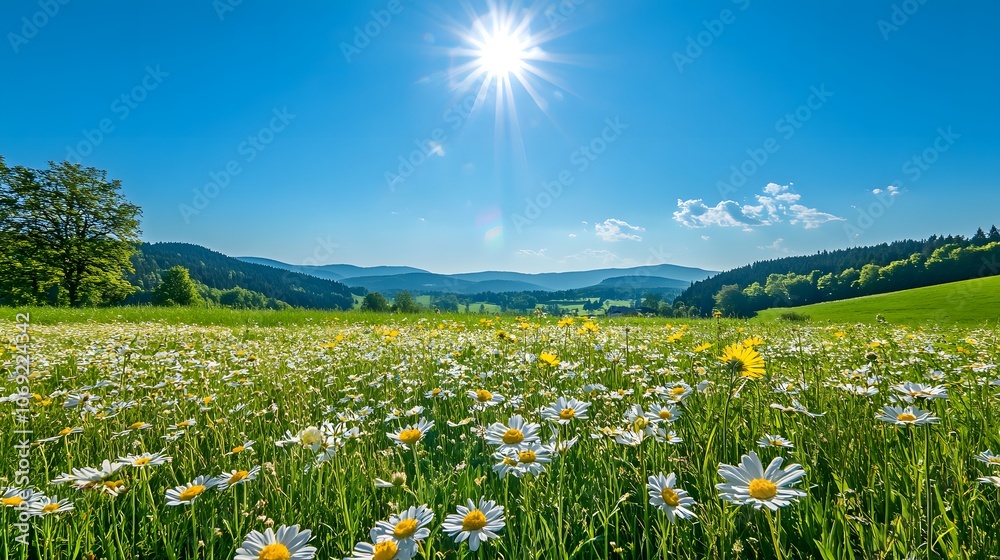 Peaceful meadow adorned with blooming flowers, a gentle breeze rustling through, and a distant mountain range creating a serene backdrop Peaceful meadow adorned with blooming flowers, a gentle breeze rustling through, and a distant mountain range creating a serene backdrop