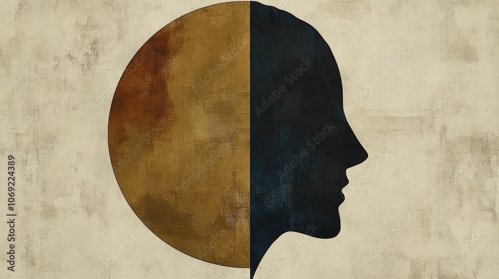 Fototapeta premium Silhouette of a persons profile divided into a gold and black half circle symbolizing duality balance and the introspective nature of beauty through contrasting colors