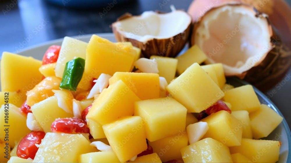 Tropical Fruit Salad - A mix of tropical fruits like pineapple, mango, and coconut Tropical Fruit Salad - A mix of tropical fruits like pineapple, mango, and coconut