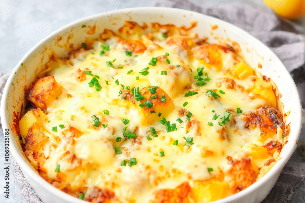A freshly baked potato and cheese casserole, topped with melted cheese and garnished with chopped chives. The dish looks warm, comforting, and delicious. Generative AI A freshly baked potato and cheese casserole, topped with melted cheese and garnished with chopped chives. The dish looks warm, comforting, and delicious. Generative AI