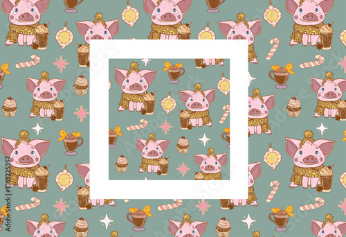 Blue Christmas cozy pattern. Funny dressed pig babies in a hat with a cup of cocoa